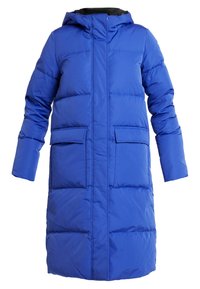 Blue puffer coat with a hood, long design, two front pockets, quilted texture, and a straight silhouette.