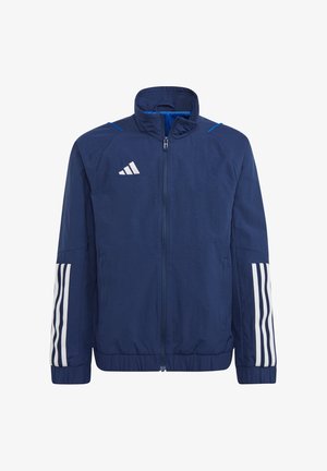 Marineblaues Sportjackett aus leichtem Material, mit durchgehendem Reißverschluss, hohem Kragen und weißen Streifenakzenten an den Ärmeln.