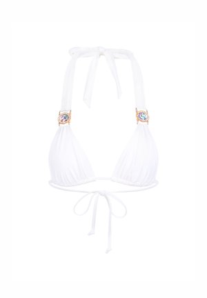 White triangle bikini top with adjustable ties, featuring gold hardware with colorful gems on the straps, smooth texture, and a minimal design.