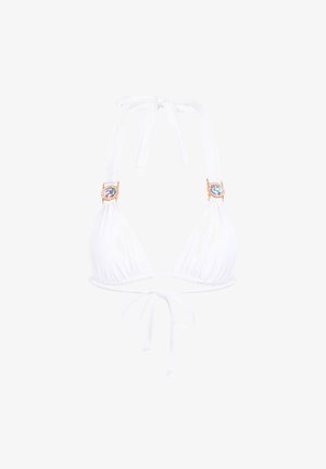 Haut de bikini triangle blanc avec liens ajustables, présentant des accessoires en or avec des pierres colorées sur les bretelles, texture lisse et design minimal.