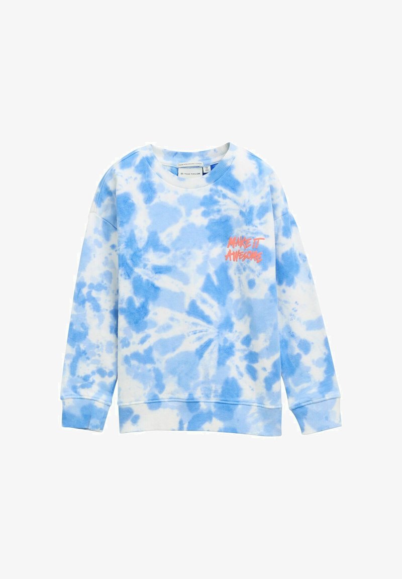Jasnoniebieska bluza tie-dye z okrągłym dekoltem, długimi rękawami, ściągaczami i napisem "MAKE IT AWESOME" w jaskrawym pomarańczowym.