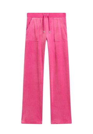 Pink velour sweatpants with an elastic waistband, drawstring, and two front pockets, featuring a smooth texture and wide-leg design.