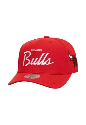 Red baseball cap with "Chicago Bulls" in white script on front and team bull logo embroidered on the side.