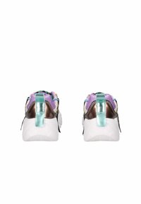 Sneakers sportive con suola in gomma bianca, dettagli in bronzo metallico e parte superiore in tessuto di colore lilla pastello e verde acqua. Presentano una linguetta sul tallone a contrasto.