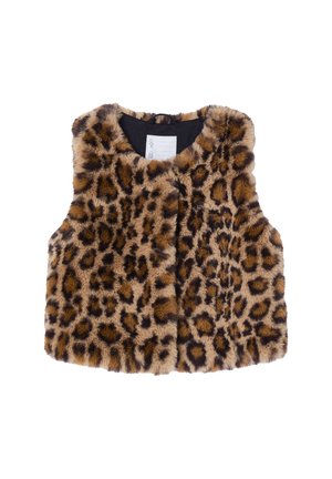 Leopardenmuster-Faux-Fur-Weste mit weichem Material, rundem Ausschnitt und offenem Design. Braun- und Schwarztöne dominieren das Muster.