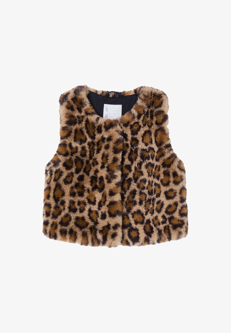 Leopardenmuster-Faux-Fur-Weste mit weichem Material, rundem Ausschnitt und offenem Design. Braun- und Schwarztöne dominieren das Muster.