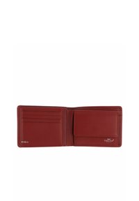 Portefeuille en cuir marron ouvert montrant plusieurs emplacements pour cartes à gauche et une pochette à monnaie avec rabat à droite, logo embossé visible.