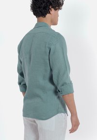 Lichtgroen linnen shirt met opgerolde mouwen, gebogen zoom en een klassieke kraag. Geweven stof met subtiele glans en een relaxte pasvorm.