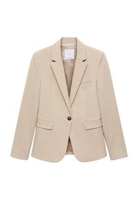 Blazer beige cintré avec un col à revers cranté, une fermeture à un bouton, deux poches avant et une poche poitrine. Texture lisse, tissu léger.