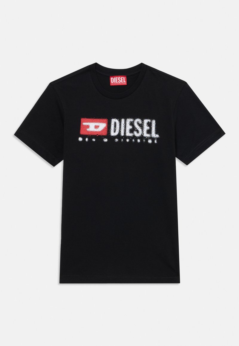 Fekete pamut póló kiemelkedő fehér és piros "DIESEL" logóval, amely texturált hatású, kerek nyakkivágással és rövid ujjakkal.