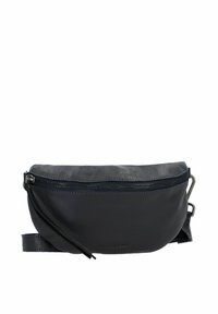 Leren marineblauwe heuptas met een ritssluiting aan de bovenkant, een gladde textuur en een slanke, afgeronde vorm. Voorzien van een verstelbare schouderband en minimale details.