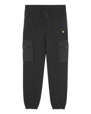 Zwarte joggingbroek met een koord in de taille, twee zijvakken en een klein geel logo aan de voorkant. Zacht materiaal met elastische boorden.