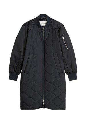 Long black quilted coat with front zipper, ribbed collar and cuffs, side pockets, and zippered pocket on the left sleeve.