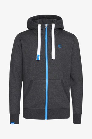 Grau zip-up Hoodie mit weißen Zugbändern, blauer Reißverschluss und Logo. Verfügt über Fronttaschen sowie gerippte Bündchen und Saum. Hergestellt aus einem strukturierten Stoff.