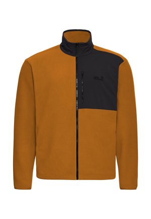 Giacca in pile arancione bruciato con pannello nero con cerniera. Colletto alto, maniche lunghe e tasca sul petto con dettaglio logo.