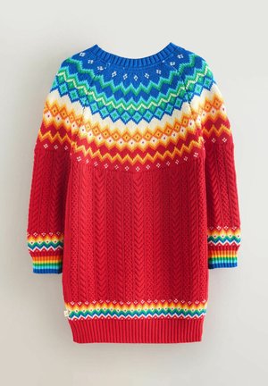 Roter Strickpullover mit blauen, grünen und gelben geometrischen Mustern an der Schulterpartie. Verfügt über gerippte Bündchen und Saum mit einem Regenbogenstreifenmuster.