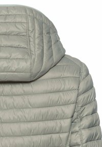 Doudoune gris clair avec capuche, présentant des coutures horizontales et une texture lisse et brillante. Pas de matériel ou d'accents visibles.
