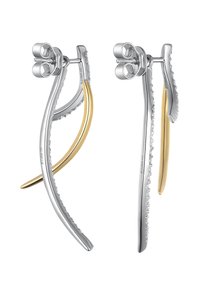 Silver and gold metal earrings feature a sleek, curved design with a textured silver accent and a smooth, polished gold piece.