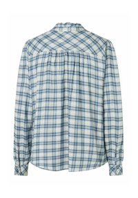 Geknöpfte Bluse in Blau, Weiß und Beige. Verfügt über einen gerafften Kragen, lange Ärmel und einen gefältelten Rücken für zusätzliche Textur und Komfort.