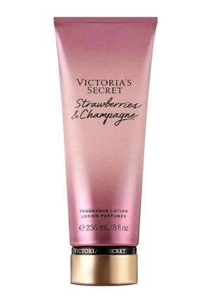 Victoria's Secret Strawberries & Champagne -tuoksuvoide, pinkki tuubi, 236 ml (8 fl oz), kultainen ja musta korkki.