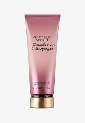 Victoria's Secret Strawberries & Champagne -tuoksuvoide, pinkki tuubi, 236 ml (8 fl oz), kultainen ja musta korkki.