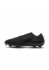 Schwarzer Fußballschuh mit strukturiertem Obermaterial und grünem Nike-Swoosh. Ausgelegt für Leistung mit einem aerodynamischen Design und geformten Stollen.