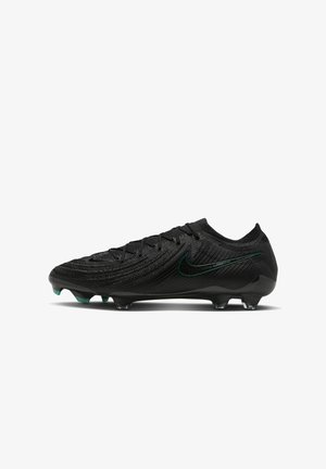Scarpa da calcio nera con tomaia texturizzata e baffo Nike verde. Progettata per le prestazioni con un design affusolato e tacchetti sagomati.