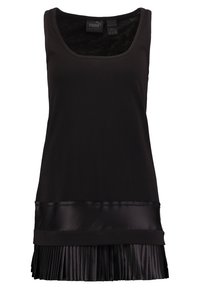 Czarny top na ramiączkach z zaokrąglonym dekoltem, z satynowym pasem w talii i plisowanym satynowym wykończeniem u dołu. Tekstura materiału jest gładka i elegancka.