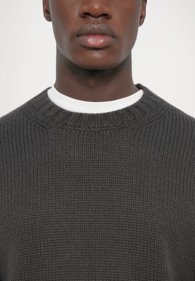 Dark gray knitted sweater with a round neck, featuring a ribbed texture and contrasting white inner collar. Close-up view of the upper torso.