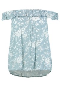 Top bez ramínek v světle modré látce s bílým květinovým vzorem; má volánkový výstřih a mírně rozšířený lem s texturovaným povrchem.