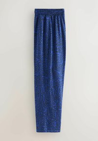 Zilā elastīgā josta bikses ar teksturētu melnu abstraktu rakstu. Audums izskatās gluds ar brīvu, taisnu kāju dizainu.