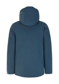 Dunkelblaue Kapuzenjacke von hinten mit langen Ärmeln und kleinem Logo auf der oberen linken Seite der Kapuze.