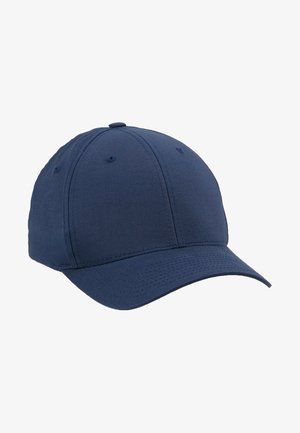 Marineblå baseballkasket lavet af stof, med en buet skygge, syede ventilationshuller og en glat, udekoreret overflade.