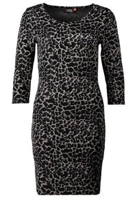 Svart klänning med ett leopardmönster i grå nyanser. Har långa ärmar, rund halsringning och en figurnära siluett. Lättviktsmaterial.