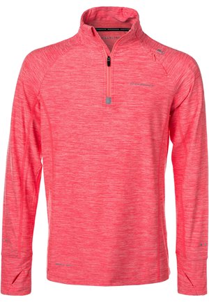 Langärmliger pink melierter sportlicher Pullover mit Viertelreißverschluss, hohem Kragen, Daumenlöchern an den Bündchen und reflektierendem Logo auf Brust und Schulter.