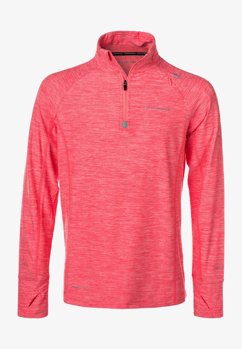 Langärmliger pink melierter sportlicher Pullover mit Viertelreißverschluss, hohem Kragen, Daumenlöchern an den Bündchen und reflektierendem Logo auf Brust und Schulter.