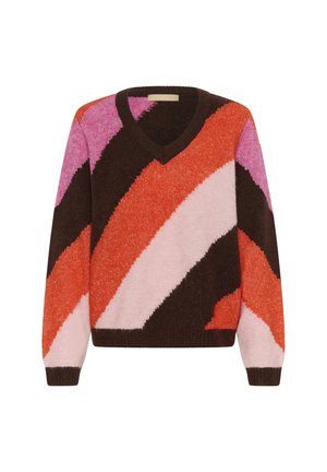 Maglione a V con un motivo geometrico nei toni del marrone, rosa, arancio e bianco. Realizzato in materiale a maglia testurizzato con polsini a costine.