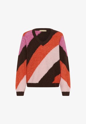 Pull en V avec un motif géométrique en marron, rose, orange et blanc. Fabriqué en matériau tricoté texturé avec des poignets côtelés.