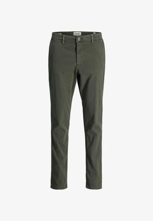 Zelene pamučne chinos hlače sa ravnim nogavicama, zatvaračem i dugmetom. Imaju stražnje džepove i glatku završnu obradu. Idealne su za svakodnevno nošenje.