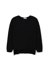 Maglione nero a scollo a V in tessuto lavorato a maglia, con maniche lunghe, vestibilità ampia e orlo posteriore più lungo per un look stratificato.