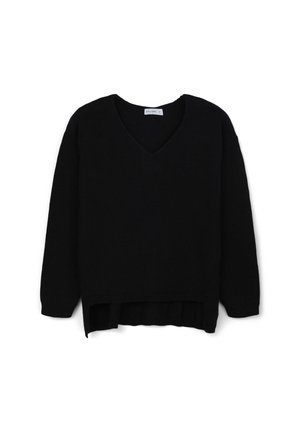 Schwarzer V-Ausschnitt-Pullover aus Strickstoff, mit langen Ärmeln, lockerer Passform und einem längeren hinteren Saum für einen Lagenlook.