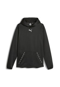 Sudadera con capucha negra de tejido suave, con un bolsillo tipo canguro y un logo blanco en el pecho. Incluye detalles a rayas en el bolsillo.