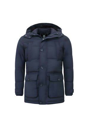 Marineblauwe doorgestikte winterjas met capuchon, ritssluiting aan de voorkant, knopen, vier zakken en verstelbare mouwbanden.