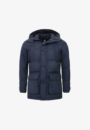 Marineblauwe doorgestikte winterjas met capuchon, ritssluiting aan de voorkant, knopen, vier zakken en verstelbare mouwbanden.