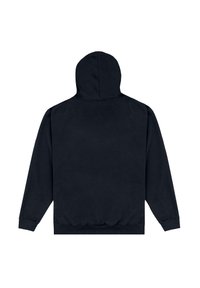 Felpa nera con cappuccio foderato, maniche lunghe, polsini e orlo a costine. Texture liscia senza motivi o accenti visibili.