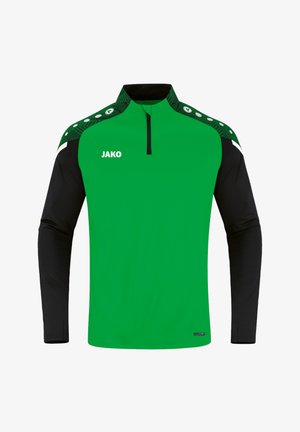 Grünes und schwarzes Sporthemd mit langen Ärmeln und halbem Reißverschluss, ausgestattet mit einem gemusterten Schulterakzent und dem "JAKO"-Logo auf der Vorderseite.