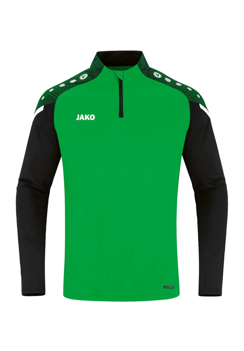 Grünes und schwarzes Sporthemd mit langen Ärmeln und halbem Reißverschluss, ausgestattet mit einem gemusterten Schulterakzent und dem "JAKO"-Logo auf der Vorderseite.