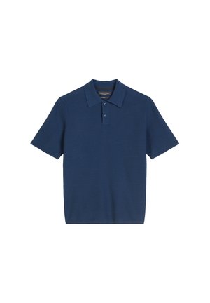 Marineblauw poloshirt van gestructureerde stof, met een gevouwen kraag, een drieknoopsluiting en korte mouwen.