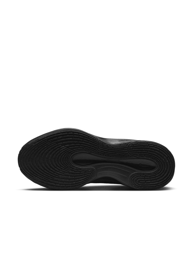 Suela de zapatilla deportiva negra con surcos y curvas texturizados. Hecha de goma, presenta un diseño ondulado para ofrecer tracción y flexibilidad.