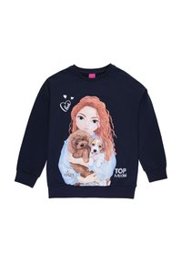 Felpa blu navy con un design stampato che raffigura una ragazza con capelli rossi che tiene due cani, con la scritta "TOP Model" e cuori decorativi.